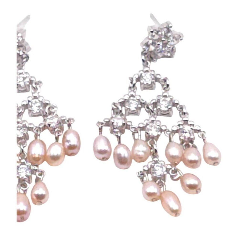 Silver Chandelier Earrings With Pink Pearl Drops & Rhinestone Accents For Women - Picture 3 of 8